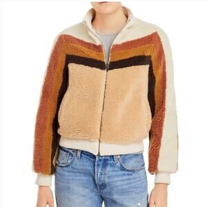 MOTHER Striped Letterman Zip Jacket - Dunes and Don'ts - Sherpa - Size S